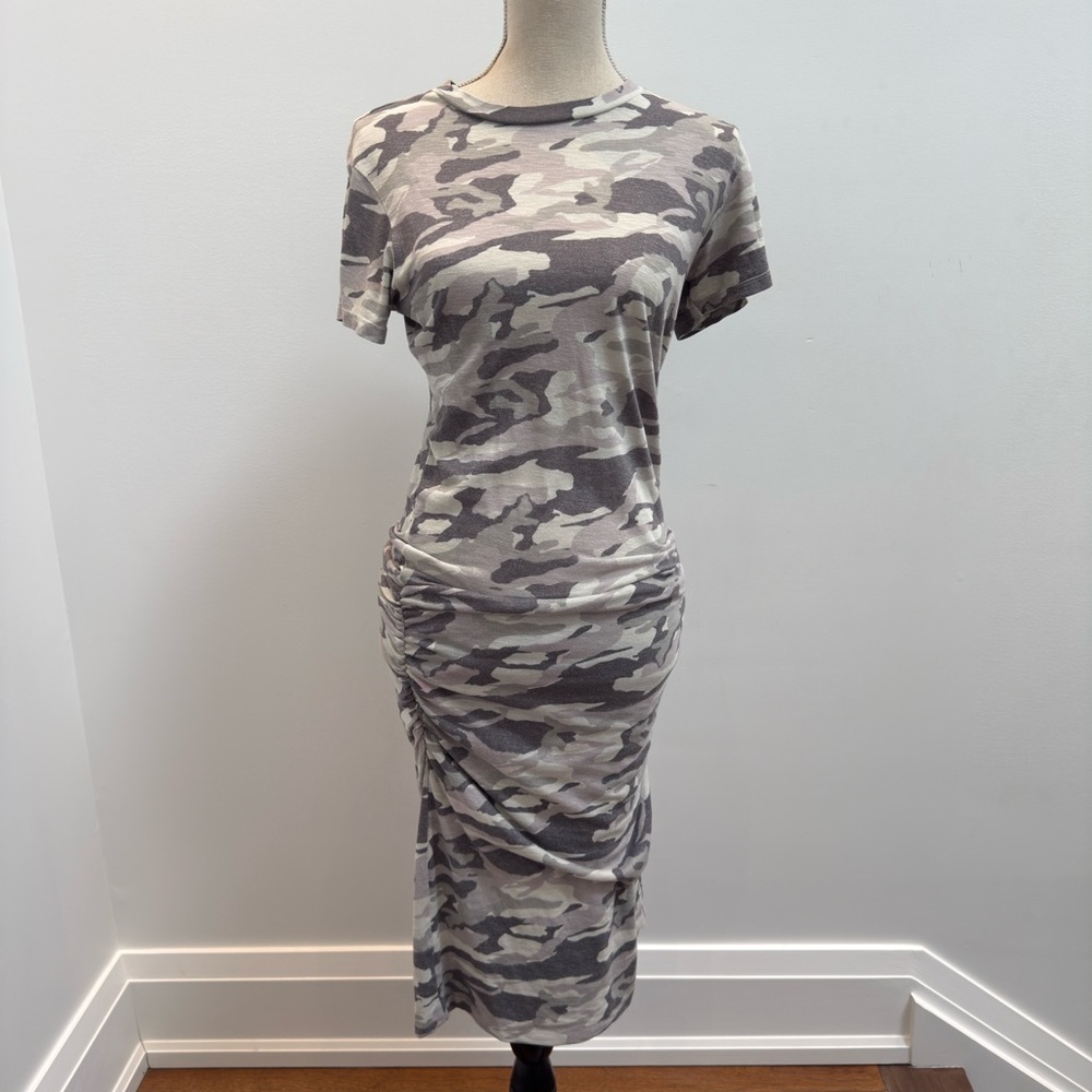 MONROW Camo Crew Neck Shirred Dress in Light Olive